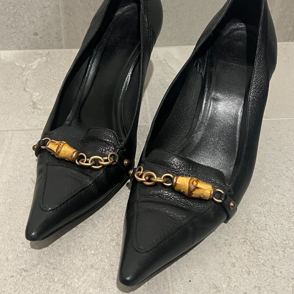 Vintage GUCCI Black Leather Pointed Toe Bamboo Stiletto Pump Heels UK 6 B US 7